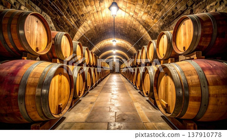 View of oak wine barrels stored in a traditional cellar View of oak wine barrels stored in a traditional cellar 137910778