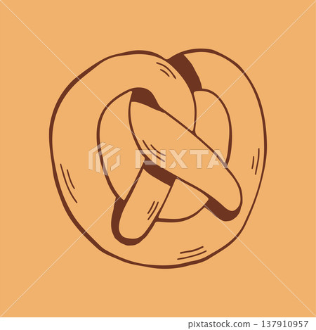 Hand drawn vector illustration of a twisted soft pretzel in a minimalist brown line art style. Classic icon of a salty German snack for bakery menu and festival food branding design Hand drawn vector illustration of a twisted soft pretzel in a minimalist brown line art style. Classic icon of a salty German snack for bakery menu and festival food branding design 137910957