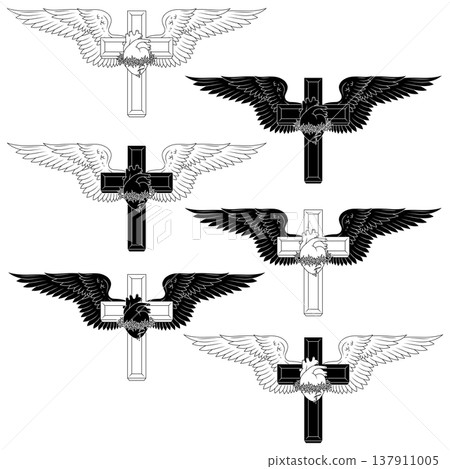 Linear Outline Winged Cross and Heart Linear Outline Winged Cross and Heart 137911005