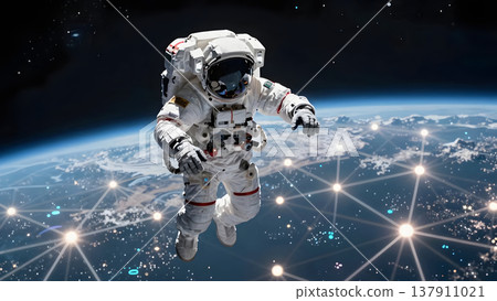 一張太空人從外太空凝視地球的圖片,與數據網路融合在一起。 一張太空人從外太空凝視地球的圖片,與數據網路融合在一起。 137911021