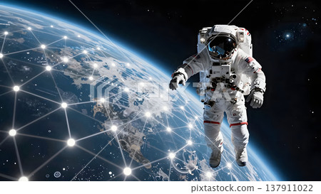 A scene of astronauts floating symbolizes a future where Earth and technology are connected. A scene of astronauts floating symbolizes a future where Earth and technology are connected. 137911022