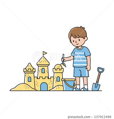 Creative Children Building Sandcastles - 2d Vector Illustration 137911498