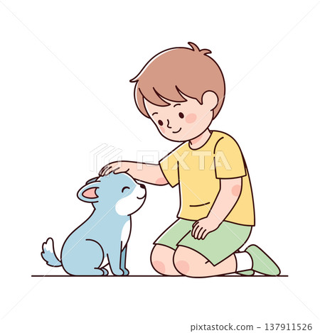 Boy Petting Dog Vector Illustration 137911526