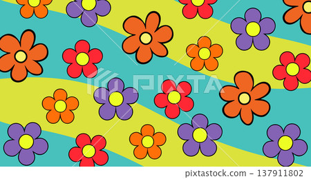 Retro Hippie Flower Power Background with Bold Colors and Groovy Vibes Retro Hippie Flower Power Background with Bold Colors and Groovy Vibes 137911802