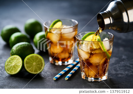 cocktail Cuba Libre is poured from a shaker into a glasses on a dark table , selective focus. cocktail Cuba Libre is poured from a shaker into a glasses on a dark table , selective focus. 137911912
