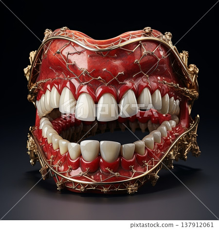 Ornate Dentures A Unique Dental Art Piece with Gold Accents, Isolated on Dark Background 137912061