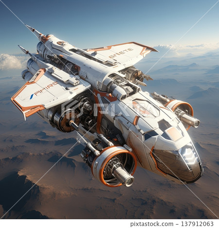 Futuristic Spaceship Flying Over a Barren Landscape, Advanced Technology and Exploration Vehicle. 137912063
