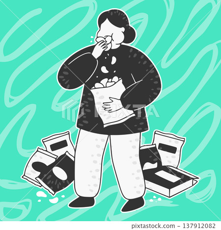 A woman eating a lot of sweets - a cute, pop-style line drawing illustration A woman eating a lot of sweets - a cute, pop-style line drawing illustration 137912082