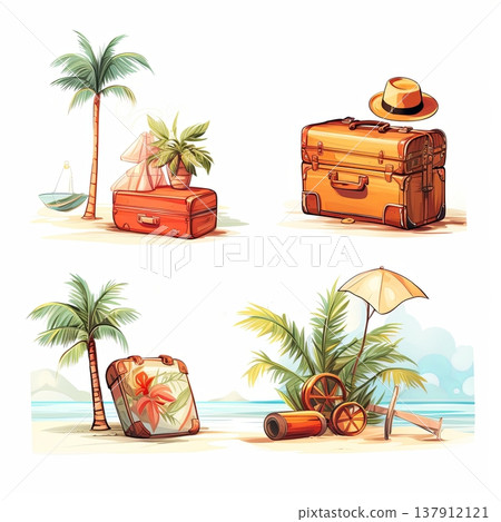Tropical Vacation Getaway Suitcases, Palm Trees, and Beach Scenery Illustration Set Tropical Vacation Getaway Suitcases, Palm Trees, and Beach Scenery Illustration Set 137912121