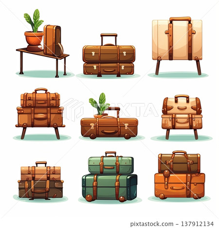 Vintage Luggage Collection Stylish Retro Suitcases for Travel and Decoration, Illustration Vintage Luggage Collection Stylish Retro Suitcases for Travel and Decoration, Illustration 137912134