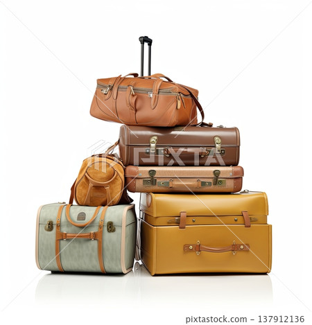 Pile of Vintage Luggage and Travel Bags Isolated on White Background. Retro Travel Concept. 137912136