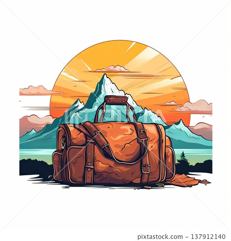 Vintage Leather Travel Bag with Mountain View Illustration, Awaits Adventure and Journeys Vintage Leather Travel Bag with Mountain View Illustration, Awaits Adventure and Journeys 137912140