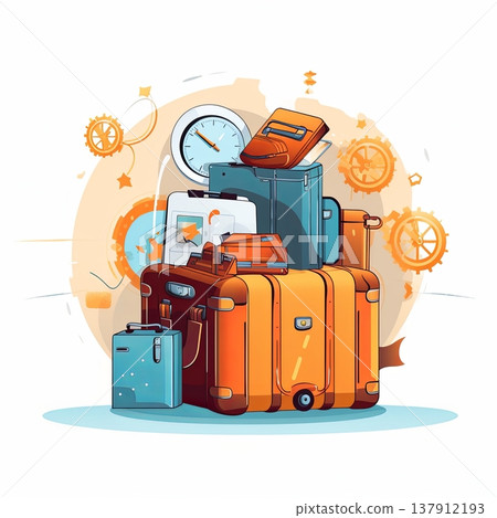 Vintage Luggage Stack with Clock and Gears, Travel Planning Concept Vintage Luggage Stack with Clock and Gears, Travel Planning Concept 137912193