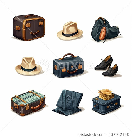 Vintage Travel Essentials Luggage, Hats, and Shoes for the Discerning Traveler, Isolated 137912198