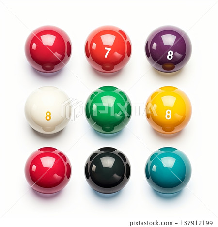 Colorful Billiard Balls Array on a White Background. Fun Game, Recreation, Isolated Colorful Billiard Balls Array on a White Background. Fun Game, Recreation, Isolated 137912199