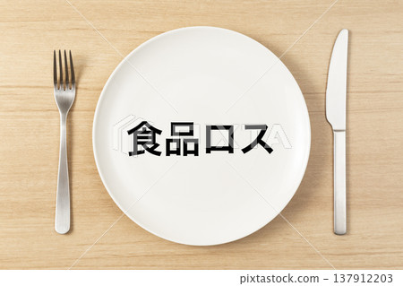 盤子和餐具上寫著「食物浪費」字樣。 137912203