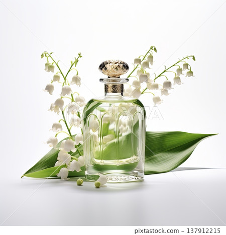 Elegant Transparent Square Glass Perfume Bottle with Silver Cap and White Lily Flowers on Display Elegant Transparent Square Glass Perfume Bottle with Silver Cap and White Lily Flowers on Display 137912215