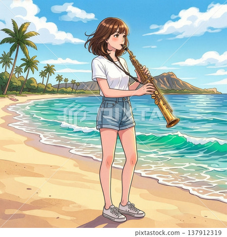 A cute woman playing the soprano saxophone on the beach. 137912319