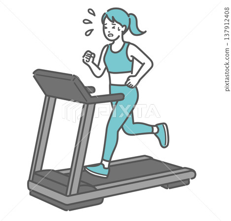A woman running on a treadmill, sweating profusely and appearing to be in distress. A woman running on a treadmill, sweating profusely and appearing to be in distress. 137912408