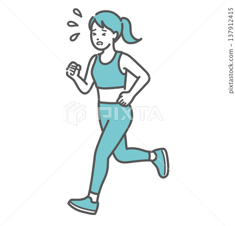 一幅插圖，描繪了一位正在跑步（慢跑）的女子，她看起來筋疲力盡，渾身是汗。 137912415