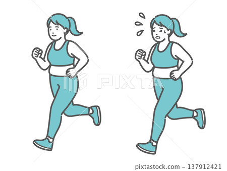 對比大尺碼女性跑步體驗的插圖(笑容滿面 vs. 汗流浹背,舒適自在 vs. 精疲力竭) 對比大尺碼女性跑步體驗的插圖(笑容滿面 vs. 汗流浹背,舒適自在 vs. 精疲力竭) 137912421