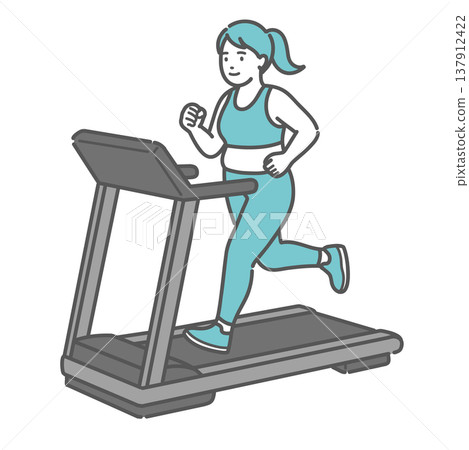 一幅插圖，描繪了一位微笑的胖女人在跑步機上跑步。 137912422