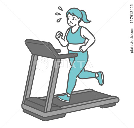 An illustration of a chubby woman sweating and running hard on a treadmill. 137912423