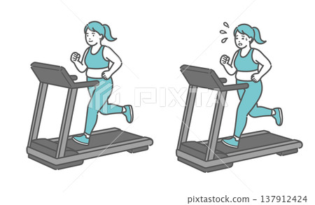 Illustration comparing a plus-size woman on a treadmill (smiling vs. sweating, comfortable vs. exhausted) 137912424