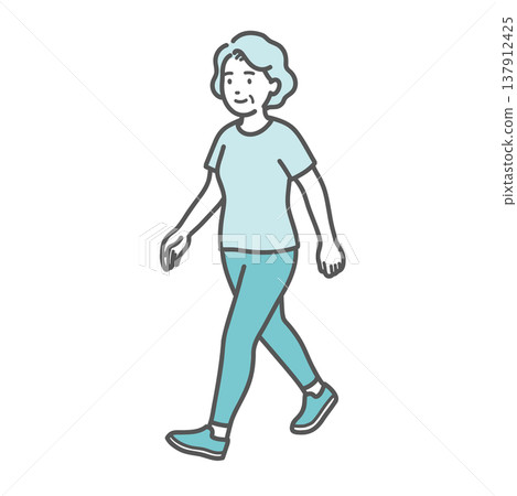 一位面帶微笑、身穿運動服的老婦人正在行走。 一位面帶微笑、身穿運動服的老婦人正在行走。 137912425