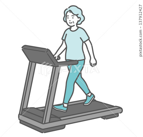 一幅插圖,描繪了一位微笑的老年婦女在跑步機上行走。 一幅插圖,描繪了一位微笑的老年婦女在跑步機上行走。 137912427