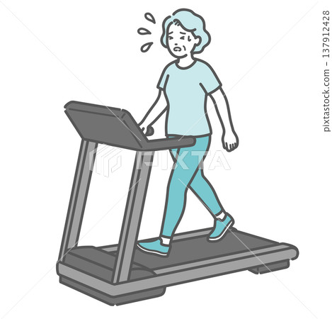 一幅插圖，描繪了一位老年婦女在跑步機上汗流浹背、步履蹣跚地行走。 137912428