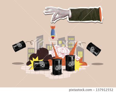 Collage Oil barrels and missile threat over urban landscape Collage Oil barrels and missile threat over urban landscape 137912552
