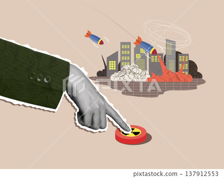 Collage Nuclear button and missile launch over city chaos Collage Nuclear button and missile launch over city chaos 137912553