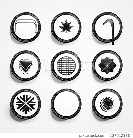 Collection of Black and White Round Icons with Various Symbols on White Background 137912588