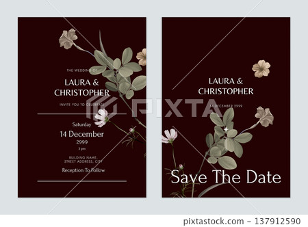 Floral wedding invitation card template design, flowers and lignum vitae leaves on dark grey 137912590