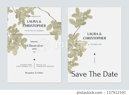 Foliage wedding invitation card template design, green lignum vitae leaves on grey Foliage wedding invitation card template design, green lignum vitae leaves on grey 137912591