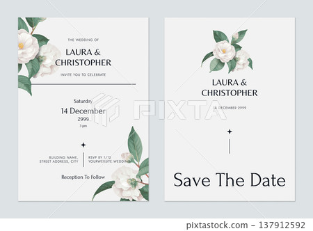 Floral wedding invitation card template design, white semi-double camellia flowers and leaves on grey 137912592