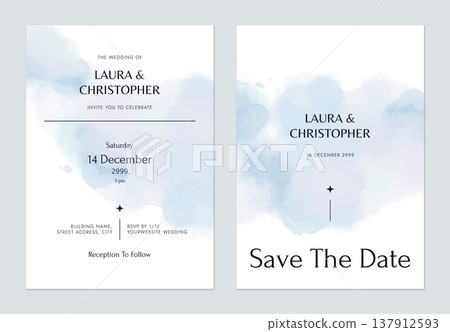 Wedding invitation card template design, blue watercolor on white Wedding invitation card template design, blue watercolor on white 137912593