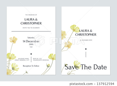 Floral wedding invitation card template design, yellow cosmos flowers on white 137912594