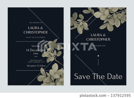 Foliage wedding invitation card template design, green lignum vitae leaves on dark grey Foliage wedding invitation card template design, green lignum vitae leaves on dark grey 137912595