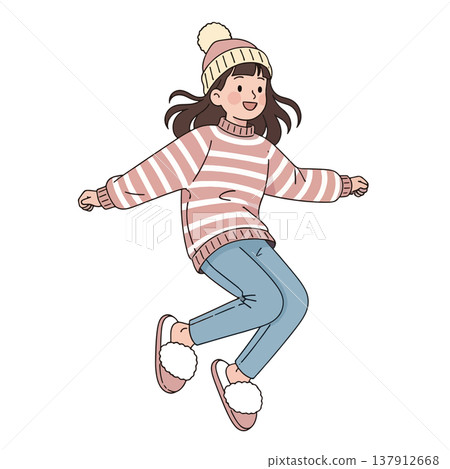 Joyful Girl Wearing Slippers Jumping with Joy - 2d Vector Illustration 137912668