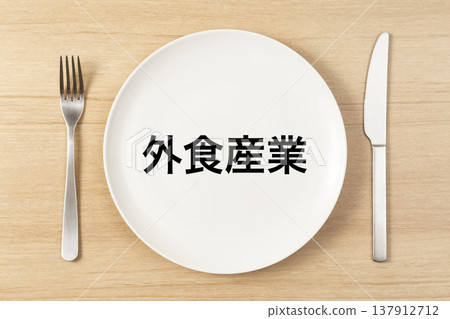 Plates and cutlery with the words "Restaurant Industry" written on them. Plates and cutlery with the words "Restaurant Industry" written on them. 137912712