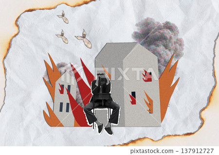 War collage of despair A figure in anguish amidst burning buildings. War collage of despair A figure in anguish amidst burning buildings. 137912727