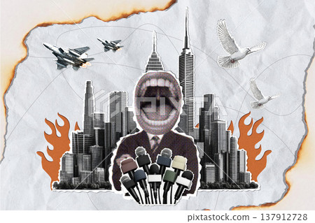War collage of chaos A businessman screaming amidst urban destruction 137912728