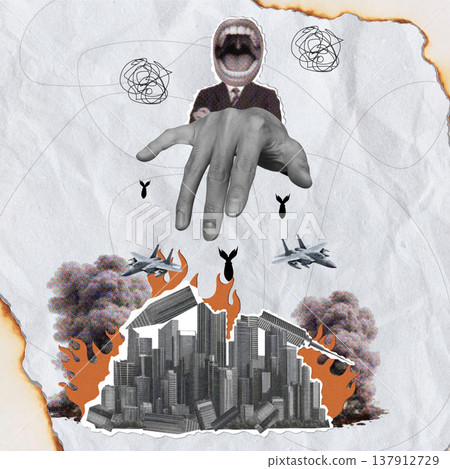 War collage of manipulation A puppet master controlling chaos War collage of manipulation A puppet master controlling chaos 137912729