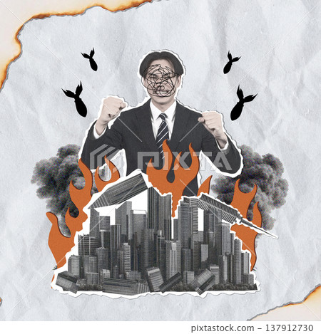 War collage of frustration A businessman amidst urban chaos 137912730