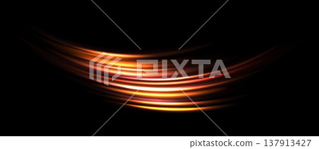 Red yellow light trail element. Glowing neon speed line wave. Hot fire color luminous curved path concept. Abstract bent dynamic motion stripes. Shiny golden streaks for poster, banner, flyer. Vector Red yellow light trail element. Glowing neon speed line wave. Hot fire color luminous curved path concept. Abstract bent dynamic motion stripes. Shiny golden streaks for poster, banner, flyer. Vector 137913427