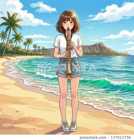 一位可愛的女子在沙灘上演奏高音薩克斯風。 137913736