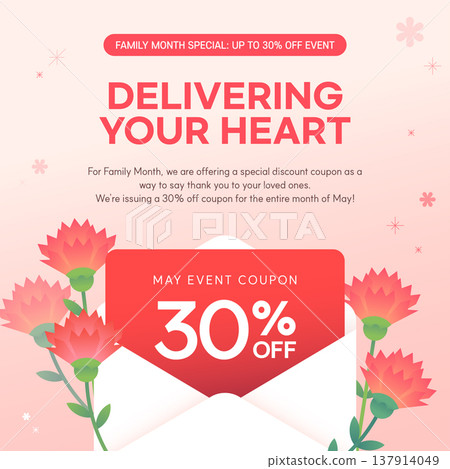 May Family Month Event Poster with Carnations and 30% Off Coupon Vector Illustration 137914049