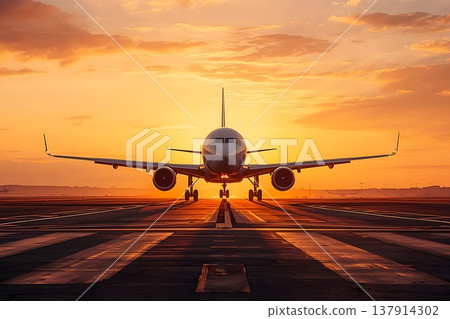 Jet plane landing in the sunset 137914302